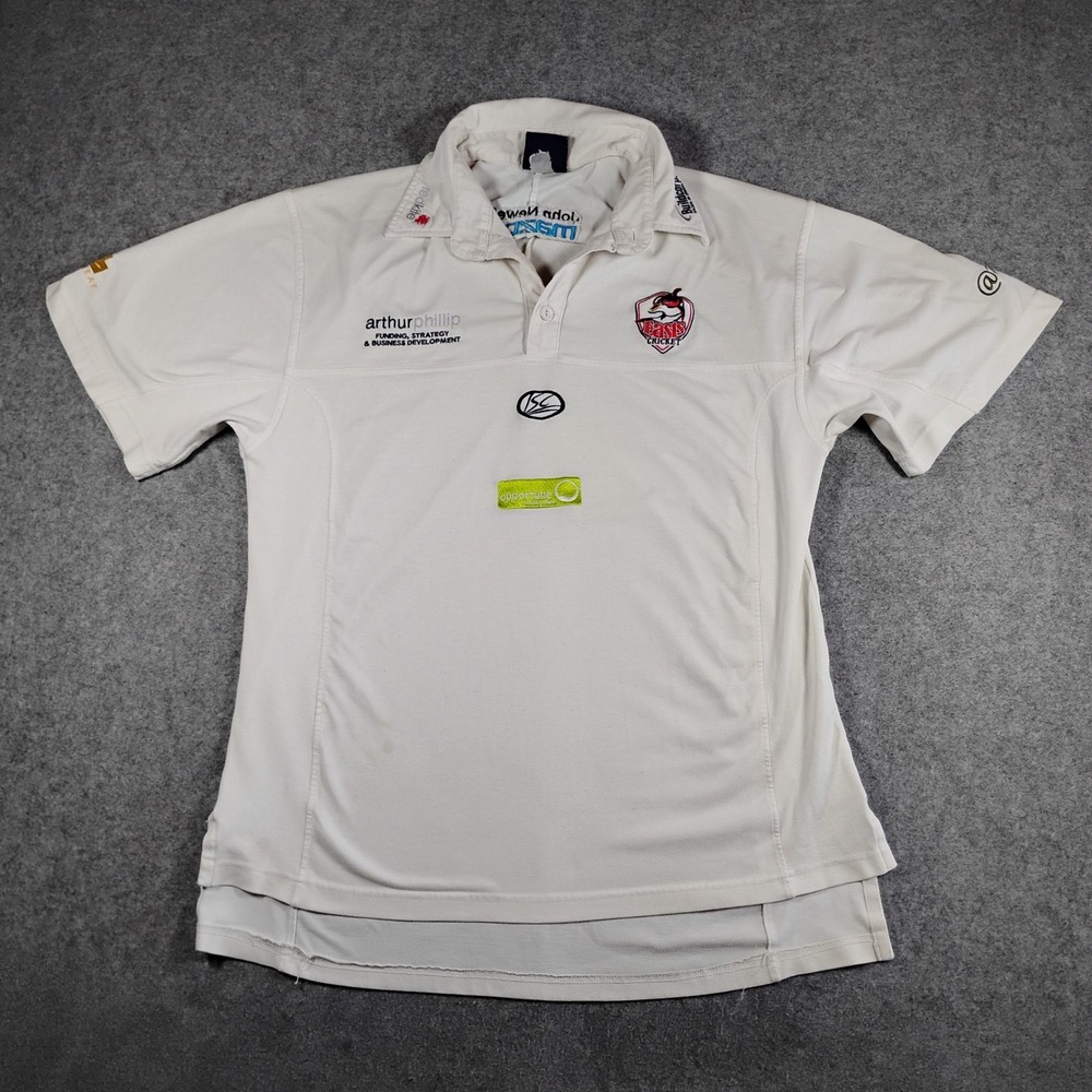 ISC Easts Cricket Mens White Short Sleeve Polo Shirt Sponsor Logos Size L